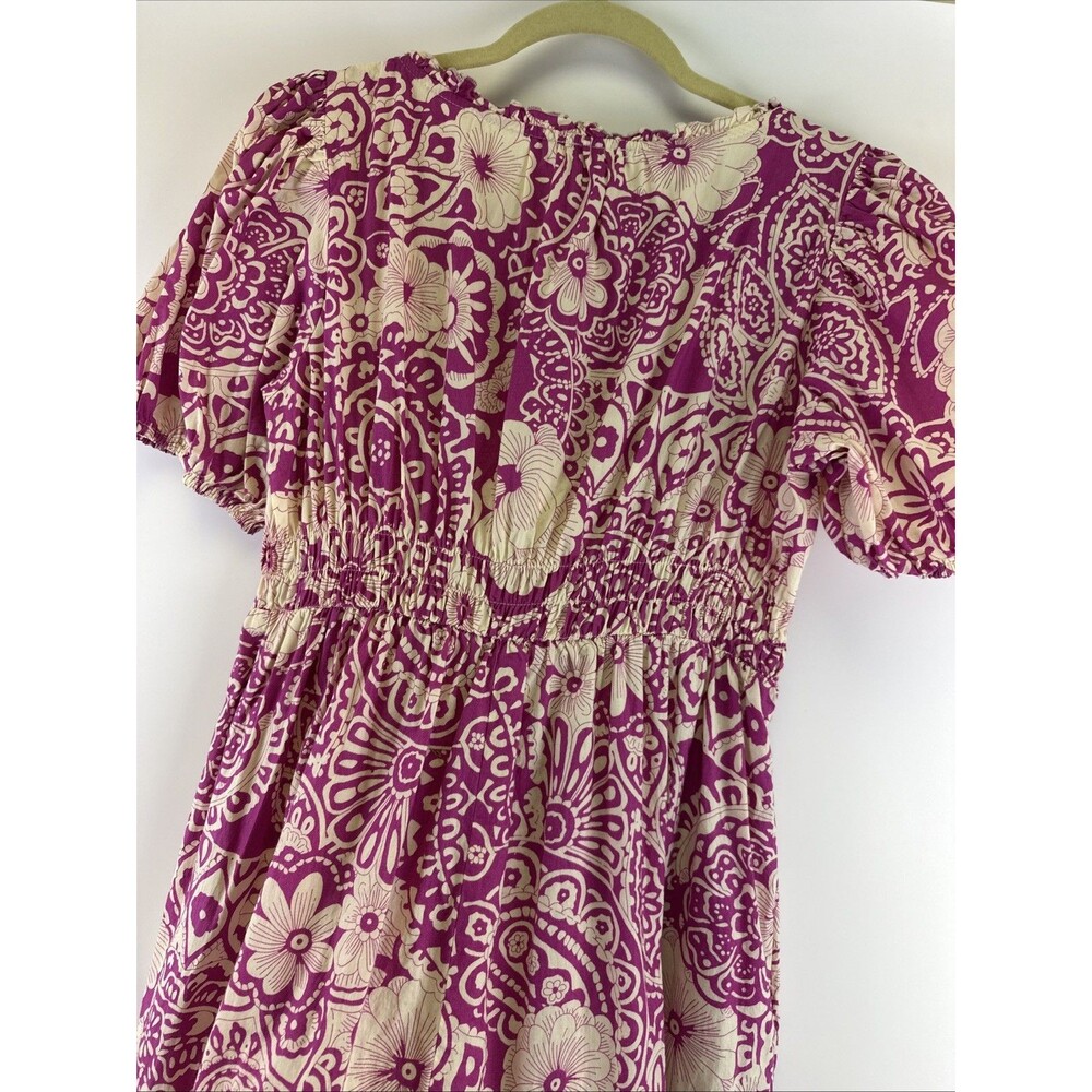 Umgee Tiered Midi Dress Pink Floral Puff Sleeves Boho Summer Indie Smocked Large - Picture 7 of 11
